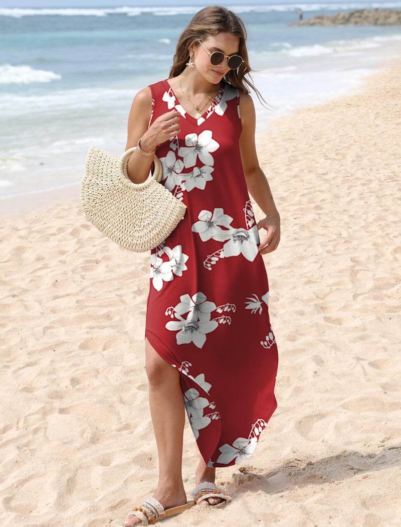 Sampeel Maxi Dresses for Women Elegant Classy 2025 Beach Vacation Clothes Summer Outfits Hawaiian Tropical Dress Floral Red XL - Image 2