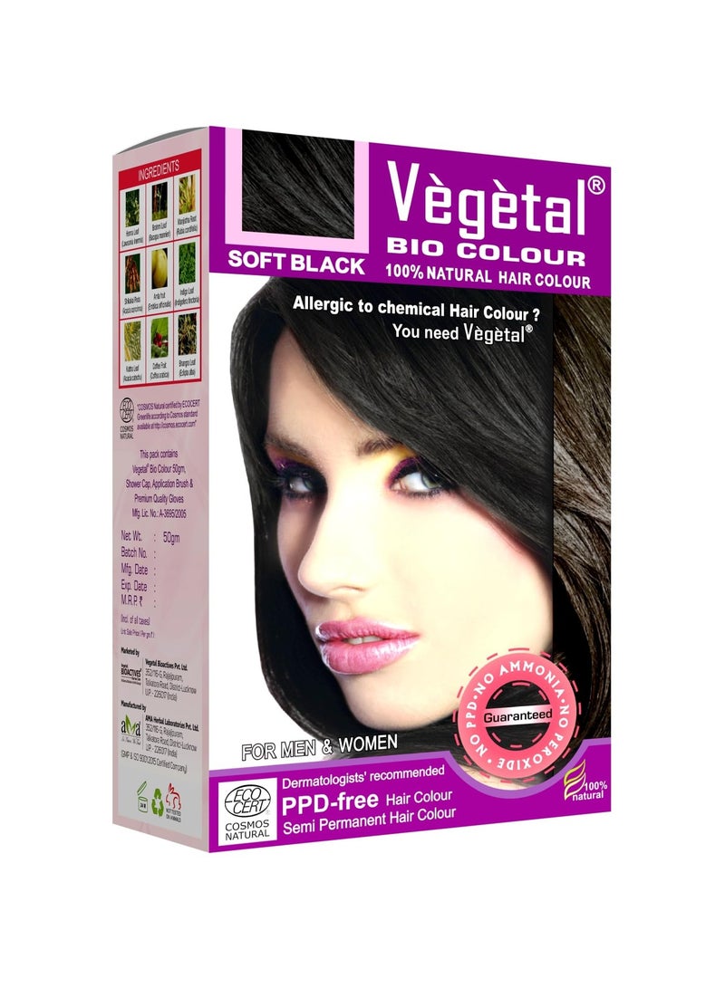 Vegetal Bio Hair Colour - Soft Black | 50g | Achieve Natural, Ammonia-Free Hair Color | PPD-Free, 100% Herbal Certified Organic for Men and Women | UV Protection and Luster Maintenance | Complete Kit - Image 1