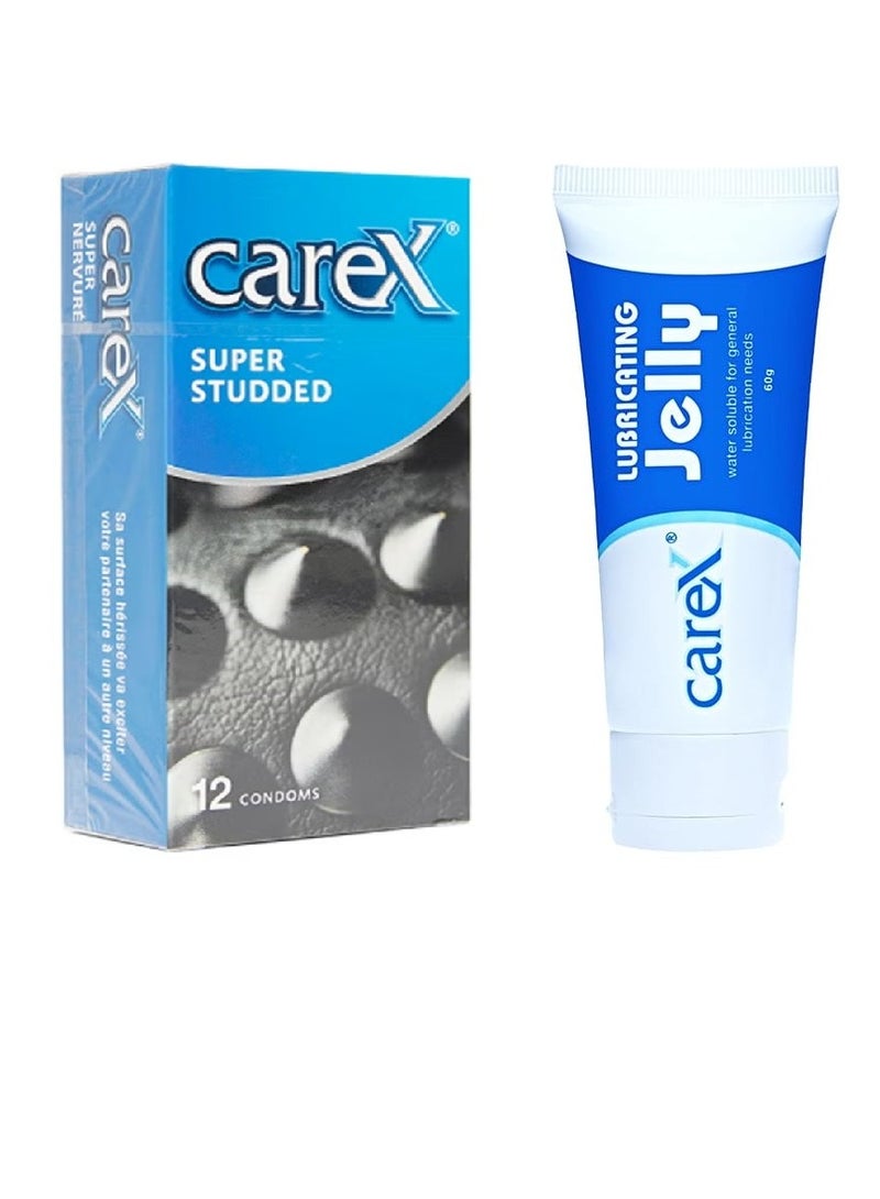 careX Super Studded Condoms 12 + Lubricating Jelly - Regular 60g (Combo)