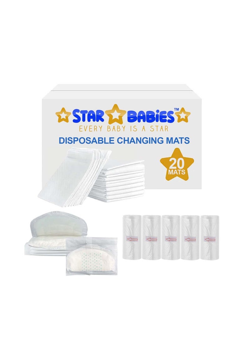Star Babies Combo Pack (Disposable Changing mat 20pcs, Scented Bag 5pcs (75bags) with  Disposable Breast Pad 5pcs) - White - Image 1