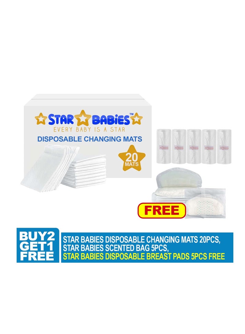 Star Babies Combo Pack (Disposable Changing mat 20pcs, Scented Bag 5pcs (75bags) with  Disposable Breast Pad 5pcs) - White - Image 2