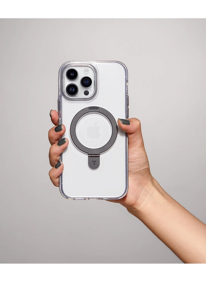 حافظة مغناطيسية أوستاند مصممة لجهاز آيفون 15 برو، [اختبار سقوط بمعيار عسكري][متوافقة مع ماج سيف][مزودة بقاعدة مدمجة] شفافة رقيقة صلبة حواف ناعمة مضادة للبصمات، سوداء - Image 4