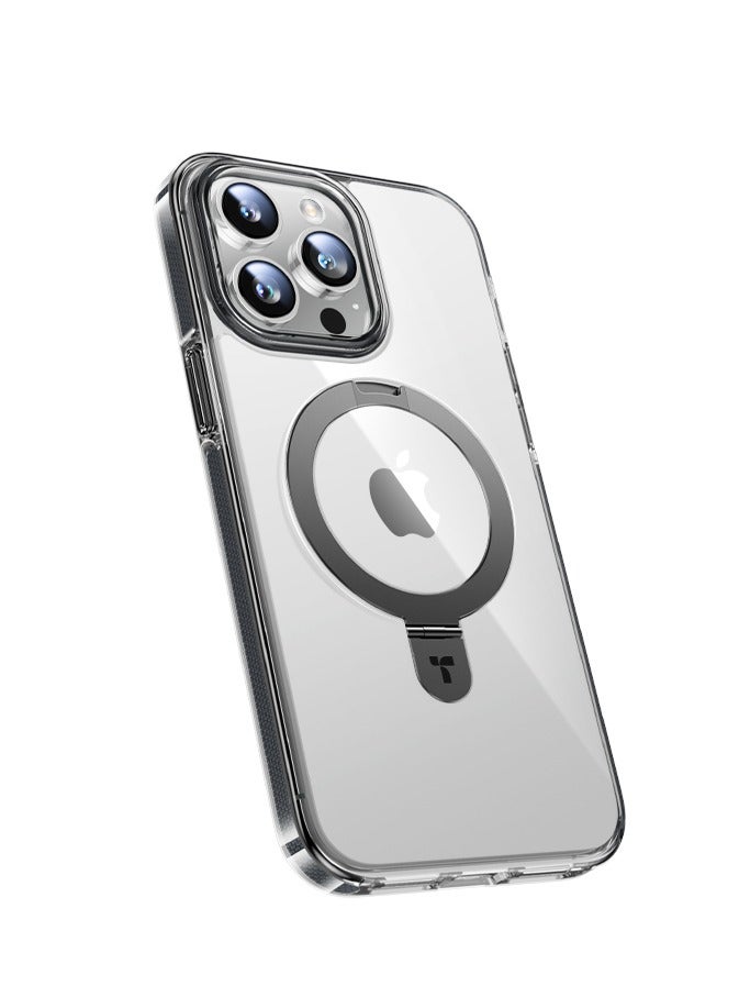 حافظة مغناطيسية أوستاند مصممة لجهاز آيفون 15 برو، [اختبار سقوط بمعيار عسكري][متوافقة مع ماج سيف][مزودة بقاعدة مدمجة] شفافة رقيقة صلبة حواف ناعمة مضادة للبصمات، سوداء - Image 2