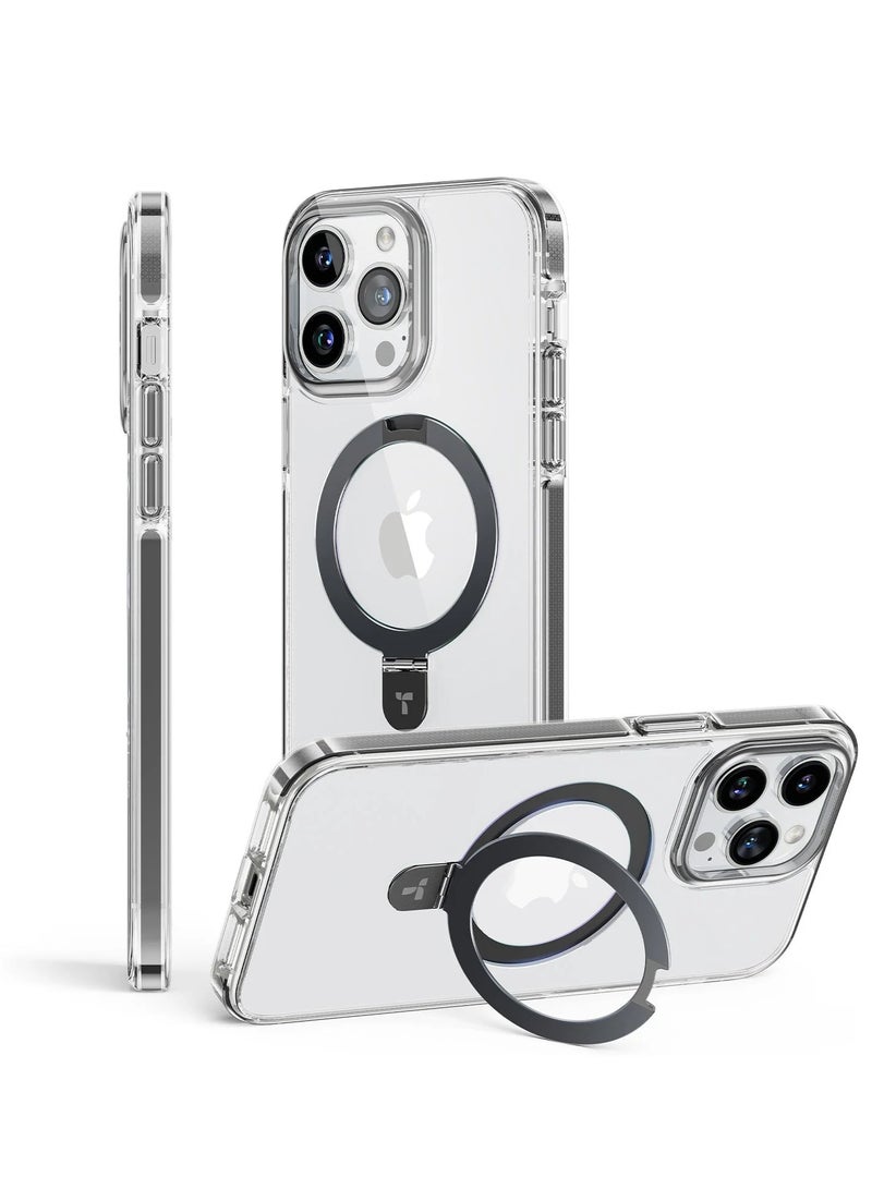 حافظة مغناطيسية أوستاند مصممة لجهاز آيفون 15 برو، [اختبار سقوط بمعيار عسكري][متوافقة مع ماج سيف][مزودة بقاعدة مدمجة] شفافة رقيقة صلبة حواف ناعمة مضادة للبصمات، سوداء - Image 1