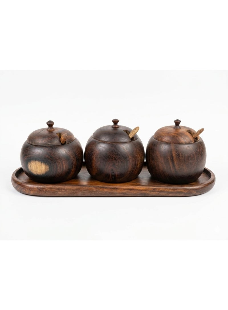3 of spices or Sugar Jar with a plate, handmade from sarsoo wood treated with healthy olive oil. Depth: 10 cm, width: 10 cm. large size with 3 spoons - Image 1
