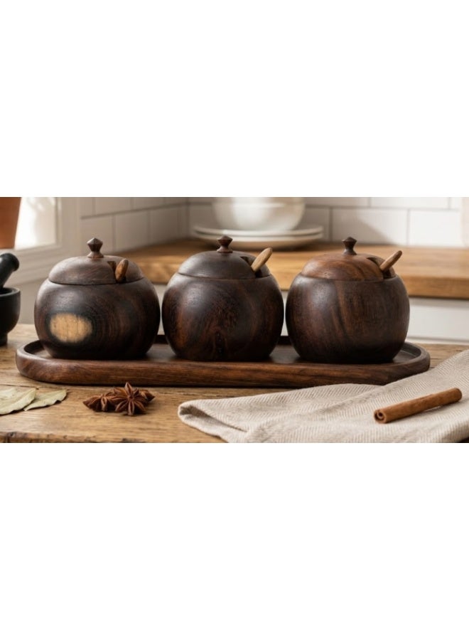 3 of spices or Sugar Jar with a plate, handmade from sarsoo wood treated with healthy olive oil. Depth: 10 cm, width: 10 cm. large size with 3 spoons - Image 2