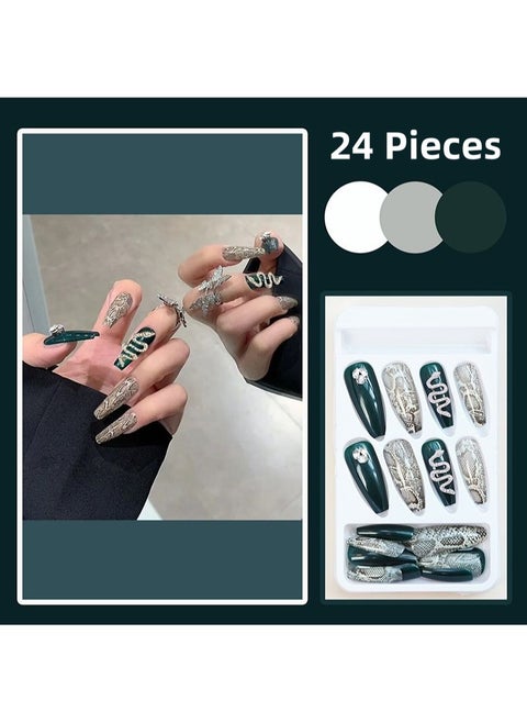 Silver Snake Green Long Fake Nails 24Pcs Nail Set for Girls