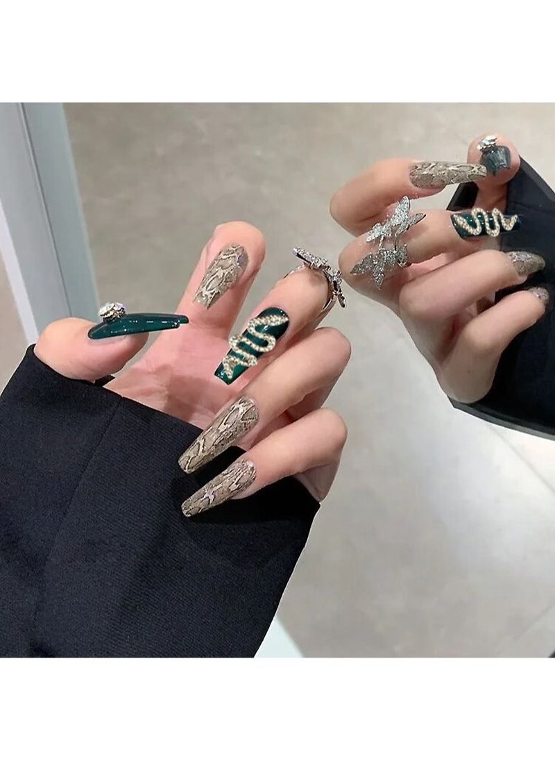 Silver Snake Green Long Fake Nails 24Pcs Nail Set for Girls