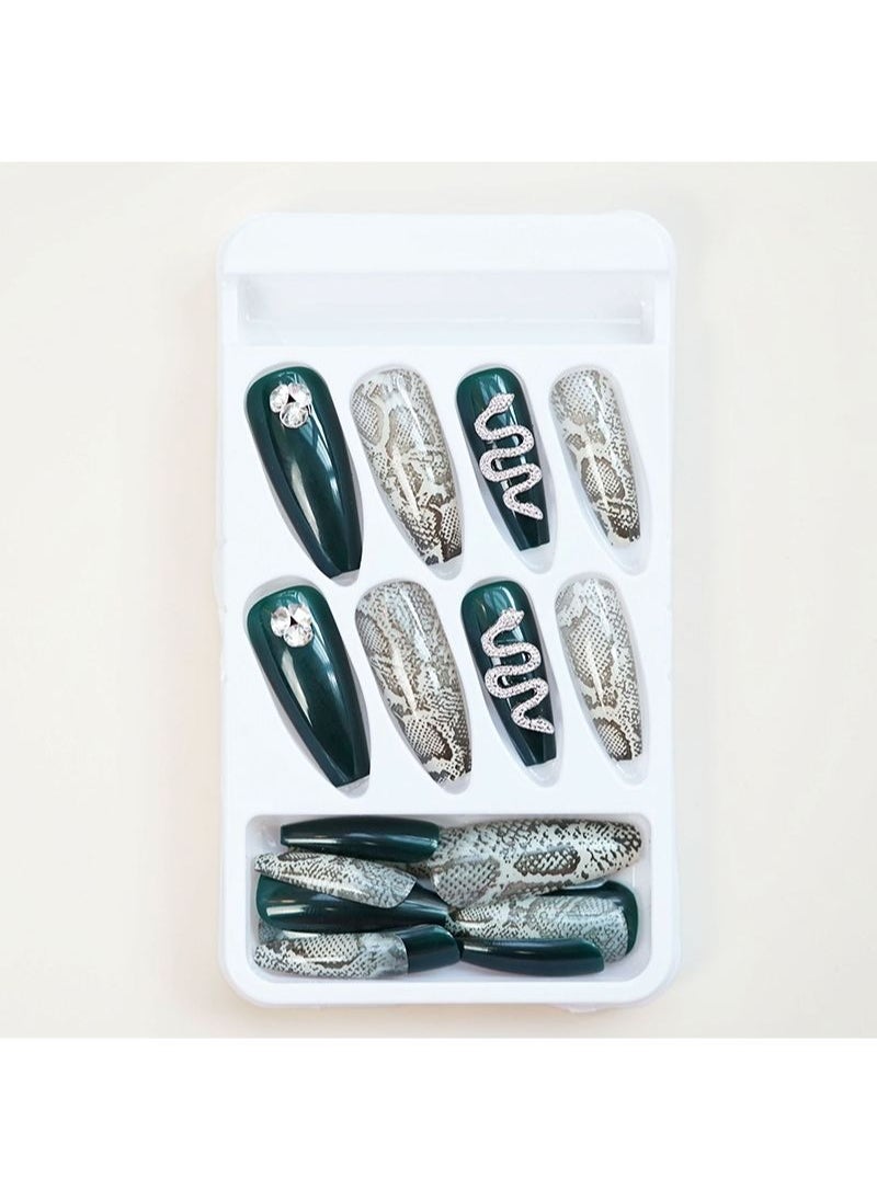 Silver Snake Green Long Fake Nails 24Pcs Nail Set for Girls