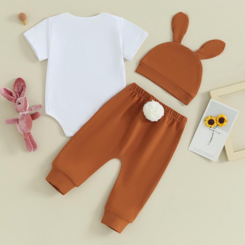 Karuedoo Newborn Baby Boy Easter Outfit Letter Print Short Sleeve Romper Pompom Tail Long Pants with Hat 3Pcs Clothes Set(A-White, 3-6 Months) - Image 3