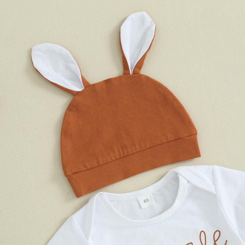 Karuedoo Newborn Baby Boy Easter Outfit Letter Print Short Sleeve Romper Pompom Tail Long Pants with Hat 3Pcs Clothes Set(A-White, 3-6 Months) - Image 4