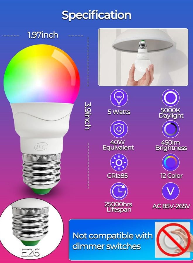 ILC RGB LED Light Bulb, Color Changing 40W Equivalent, Daylight White, 450LM Dimmable 5W E26 Screw Base RGBW, Mood Light Bulb - 12 Color Choices - Timing Infrared Remote Control Included (4 Pack) - Image 2