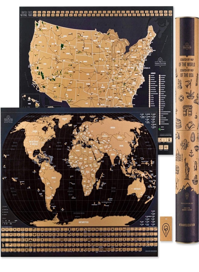 Travelization Two Scratch Off Travel Maps - World & United States National Parks - Large 24x17 Quality Laminated Poster Paper - World & USA Wall Posters w/Flags, Art Coloring Pages & Scratch Tool - Traveler Gift - Image 1