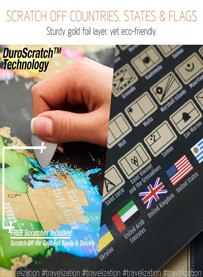 Travelization Two Scratch Off Travel Maps - World & United States National Parks - Large 24x17 Quality Laminated Poster Paper - World & USA Wall Posters w/Flags, Art Coloring Pages & Scratch Tool - Traveler Gift - Image 4