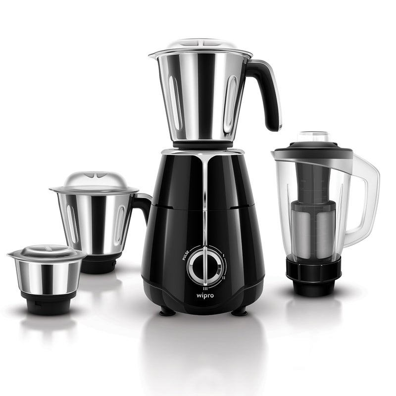 WIPRO وِيبرو إلاتو FMG206 خلاط مطحنة 1000 واط مع 4 أوعية، محرك نحاسي 100% ثقيل، طحن فائق السرعة، شفرة طحن حجرية للتوابل، خلاط مطحنة 1000 واط مع 4 أوعية، ضمان محرك 5 سنوات، أسود - Image 1
