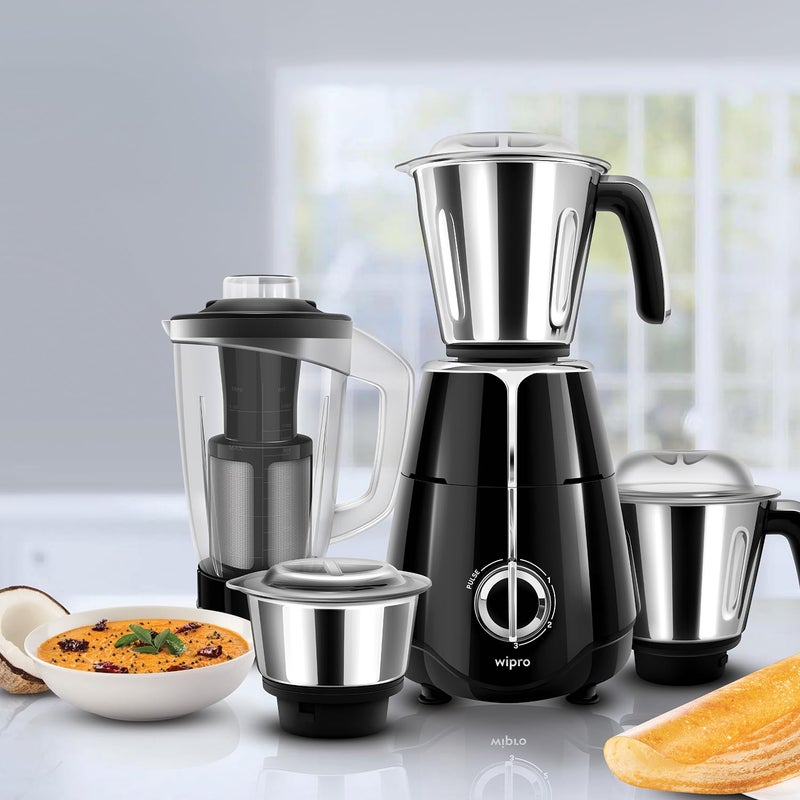 WIPRO وِيبرو إلاتو FMG206 خلاط مطحنة 1000 واط مع 4 أوعية، محرك نحاسي 100% ثقيل، طحن فائق السرعة، شفرة طحن حجرية للتوابل، خلاط مطحنة 1000 واط مع 4 أوعية، ضمان محرك 5 سنوات، أسود - Image 2
