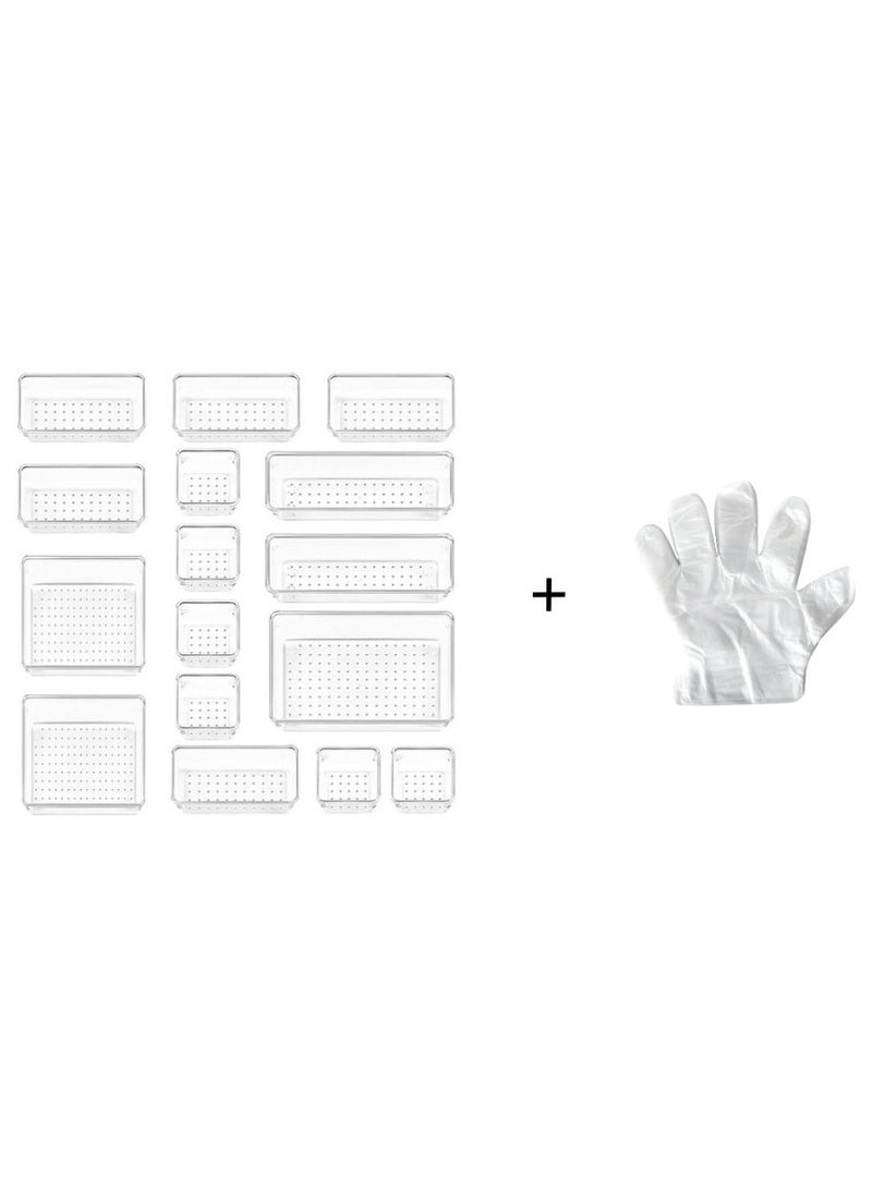 Toko Desk Drawer Organizers | 16 Pcs Set | Free 20 Pc Disposable Gloves | Clear Plastic Storage Bins Bathroom Drawer Tray Dividers Vanity Trays Organizer for Bedroom Dresser Makeup Kitchen Utensil Office  - Image 1
