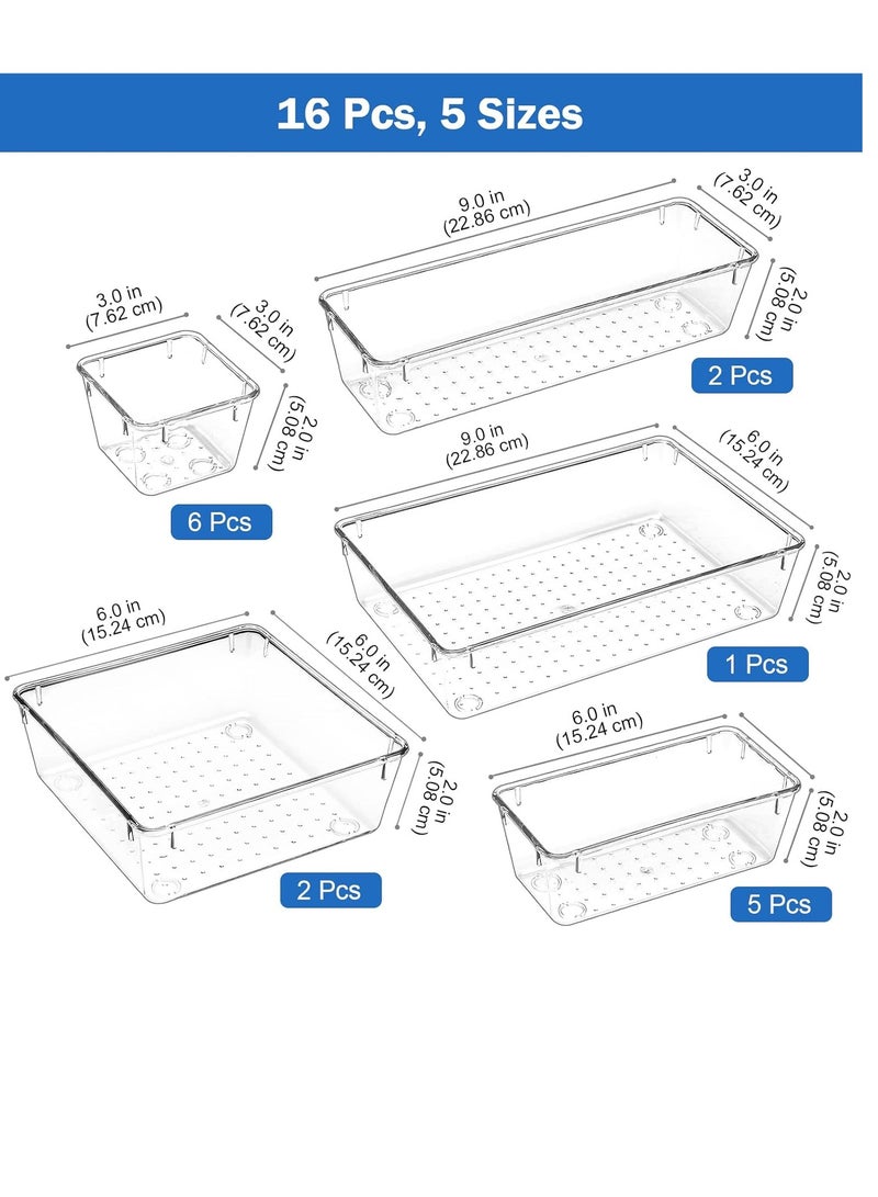 Toko Desk Drawer Organizers | 16 Pcs Set | Free 20 Pc Disposable Gloves | Clear Plastic Storage Bins Bathroom Drawer Tray Dividers Vanity Trays Organizer for Bedroom Dresser Makeup Kitchen Utensil Office  - Image 2