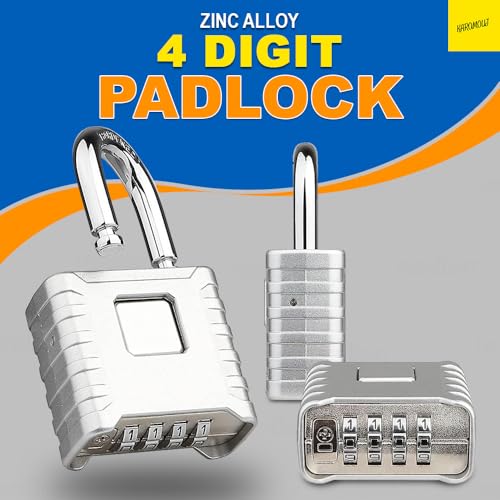 Karomouj Heavy Duty 4 Digit Number Lock Weatherproof Combination Security Padlock for Sheds, Gates, Tool Boxes and Lockers & Outdoor Use | Durable & Reliable Protection (Silver, Zinc) - Image 2