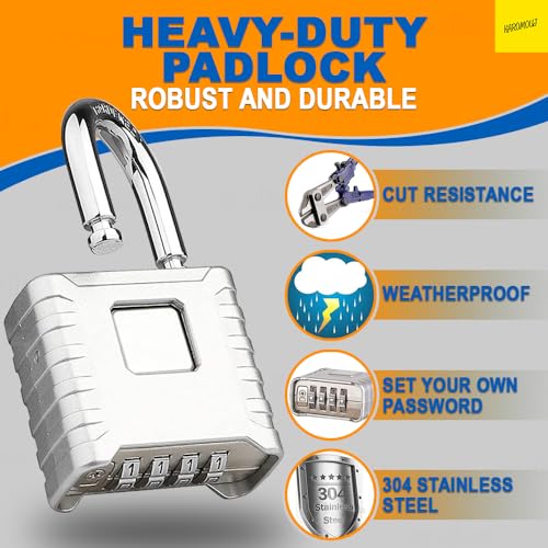 Karomouj Heavy Duty 4 Digit Number Lock Weatherproof Combination Security Padlock for Sheds, Gates, Tool Boxes and Lockers & Outdoor Use | Durable & Reliable Protection (Silver, Zinc) - Image 3