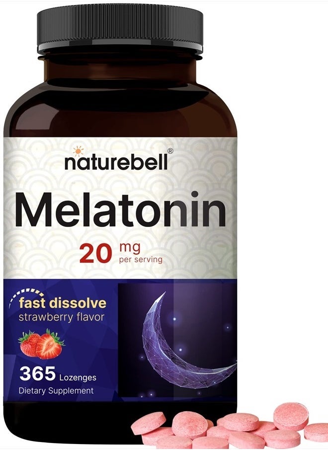 NatureBell Melatonin 20mg, 365 Fast Dissolve Tablets - Natural Strawberry Flavor - Vegetarian Chewable Lozenges High Potency | Non-GMO, No Gluten - Image 1