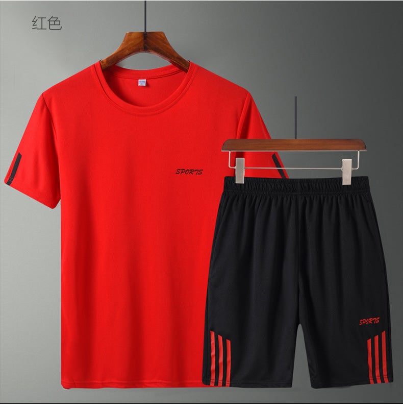 Generic Summer Casual Sports Suit Mens Short-sleeved T-shirt Loose Large Size Shorts Two-piece Running Fitness Quick-drying Suit Red  - Image 1