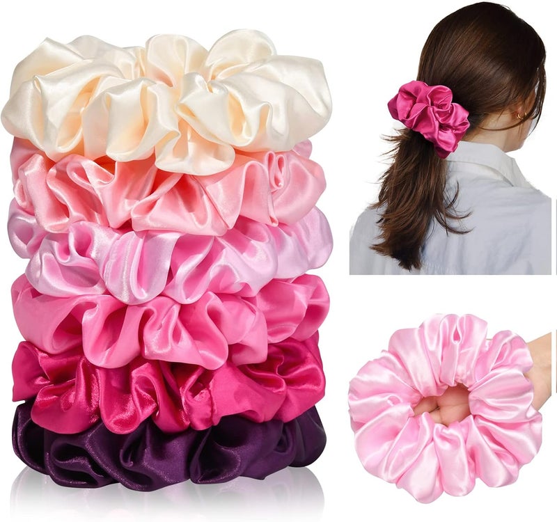 CEELGON Large Silk Satin Scrunchies for Women Big Scrunchies Jumbo Satin Hair Ties Oversized Hair Scrunchies for Thick Curly Hair Pack of 6 (Pink) - Image 1