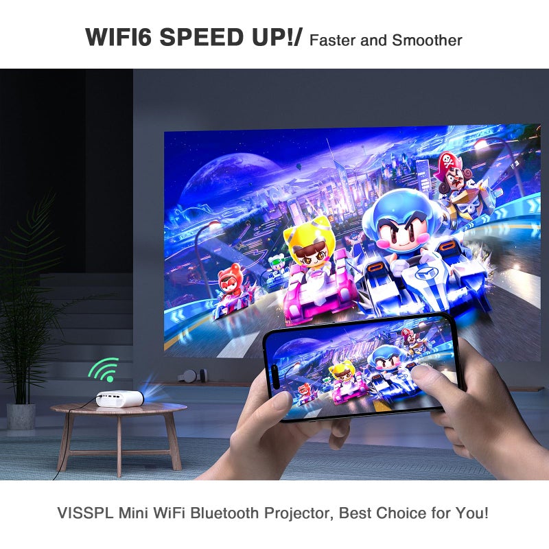 VISSPL Mini Projector with WiFi and Bluetooth, VISSPL Full HD 1080P Projector, Portable Outdoor Projector with Tripod, Home Theater Movie Phone Projector Compatible with Android/iOS/Windows/TV Stick/HDMI/USB - Image 3