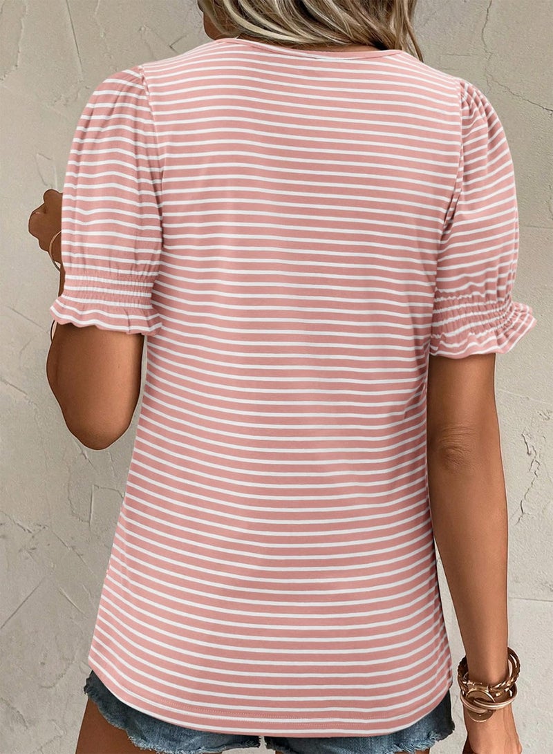 CRAZY GRID Ladies Tops and Blouses Dressy Casual Crewneck T-Shirts Summer Cute Short Sleeve Pleated Blouse Pink White Medium - Image 5