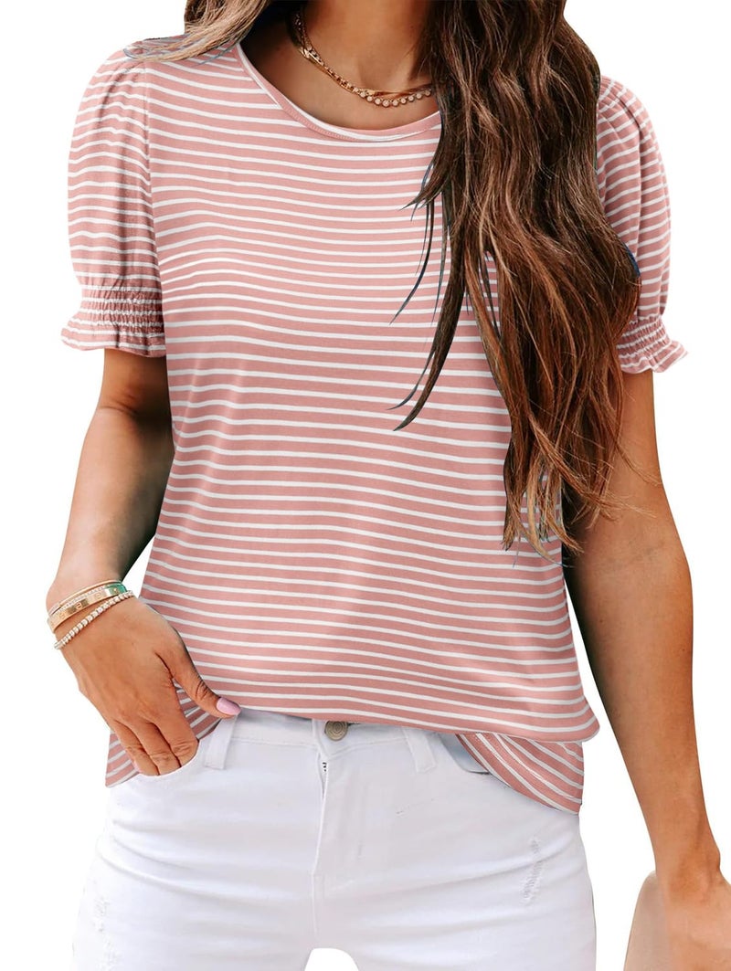 CRAZY GRID Ladies Tops and Blouses Dressy Casual Crewneck T-Shirts Summer Cute Short Sleeve Pleated Blouse Pink White Medium - Image 1