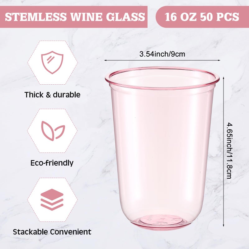 Ziliny Ziliny 50 Pcs 16oz Disposable Stemless Glasses Crystal Plastic Wine Glasses Clear Classic Pet Cup for Meeting Weddings Birthdays Cocktail Christmas Party Supplies(Pink) - Image 1