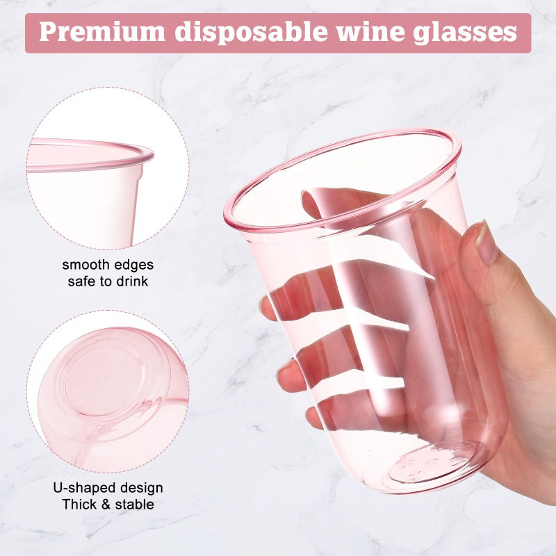 Ziliny Ziliny 50 Pcs 16oz Disposable Stemless Glasses Crystal Plastic Wine Glasses Clear Classic Pet Cup for Meeting Weddings Birthdays Cocktail Christmas Party Supplies(Pink) - Image 2