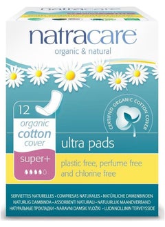NATRACARE Natracare Slim Fitting Ultra Pads Without Wings, Super Plus, Made with Certified Organic Cotton, Ecologically Certified Cellulose Pulp and Plant Starch (1 Pack, 12 Pads Total) 