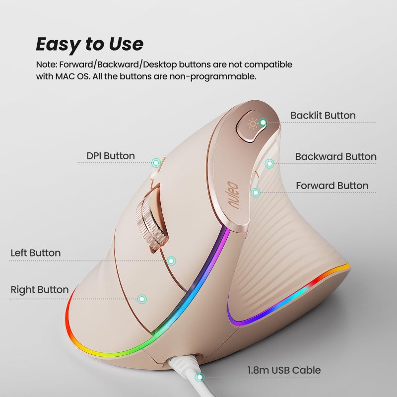 Nulea M504 Wired Vertical Mouse, USB Ergonomic Optical Mouse with 4 Adjustable DPI, 11 RGB Backlight Modes, Compatible for Laptop, PC, Desktop, Mac, Pink - Image 4