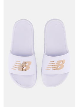 New Balance Women SWM200J3 Brand Logo Slip On Slides, White  - Image 2