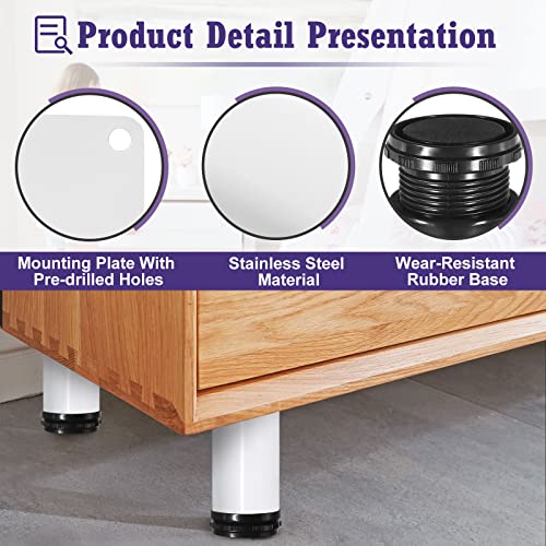 Masendelk 16 Inch Metal Furniture Legs Stainless Steel Adjustable Legs White Metal Legs Round Cabinet Legs for Coffee Table Cabinet Desk Sofa Shelves, Pack of 4 - Image 3