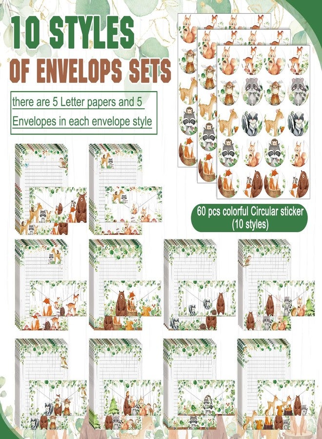 تاوباري مجموعة أوراق قرطاسية من تاوباري مكونة من 160 قطعة (50 ورقة كتابة مزدوجة الجوانب، 50 ظرفًا متطابقًا)، 60 ملصقًا دائريًا منقطًا، 10 تصاميم (حيوانات الغابة، 8.5 × 11 بوصة). - Image 3