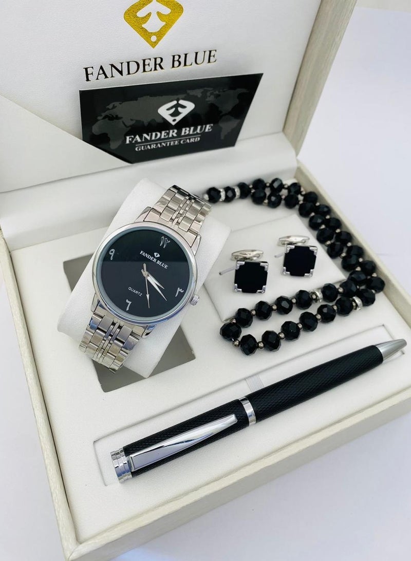 Men's stainless steel set of 4 pieces - watch - rosary - cufflinks - and pen
