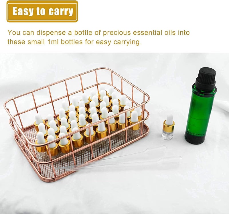 Easeen Sample Dropper Bottles, Mini Dropper Bottles with 2 Pcs Plastic Droppers for Traveling Essential Oils DIY Cosmetic Liquid Sample Perfume, Gold, 1ML, Minimalist - Image 5