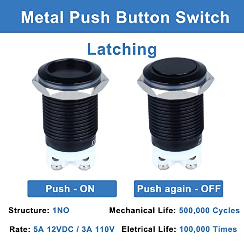DMWD 2Pack 16mm Latching Metal Push Button Switch Waterproof IP66 AntiVandal IK09 for 58 Mounting Hole Screw Terminals 12V 24V 36V DC 110V 250V AC 5A 1NO Aluminium Alloy Black Shell - Image 3