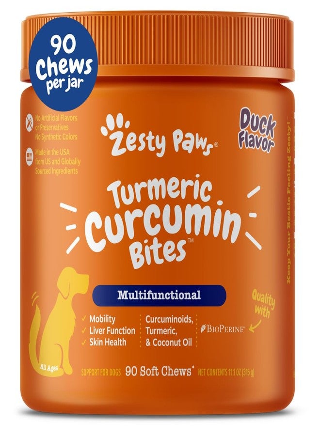 Zesty Paws Turmeric Curcumin for Dogs - for Hip & Joint Mobility Supports Canine Digestive Cardiovascular & Liver Health - Coconut Oil for Skin Health with 95% Curcuminoids + BioPerine Duck, 90 Count - Image 1