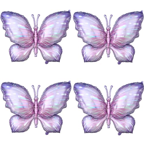 GIHOO Purple Butterfly Balloons 4 Pieces 40inch Pink Purple Foil Mylar Balloons for Butterfly Themed Party Wedding Birthday Baby Shower Party Decoration (Purple-4pcs) - Image 1