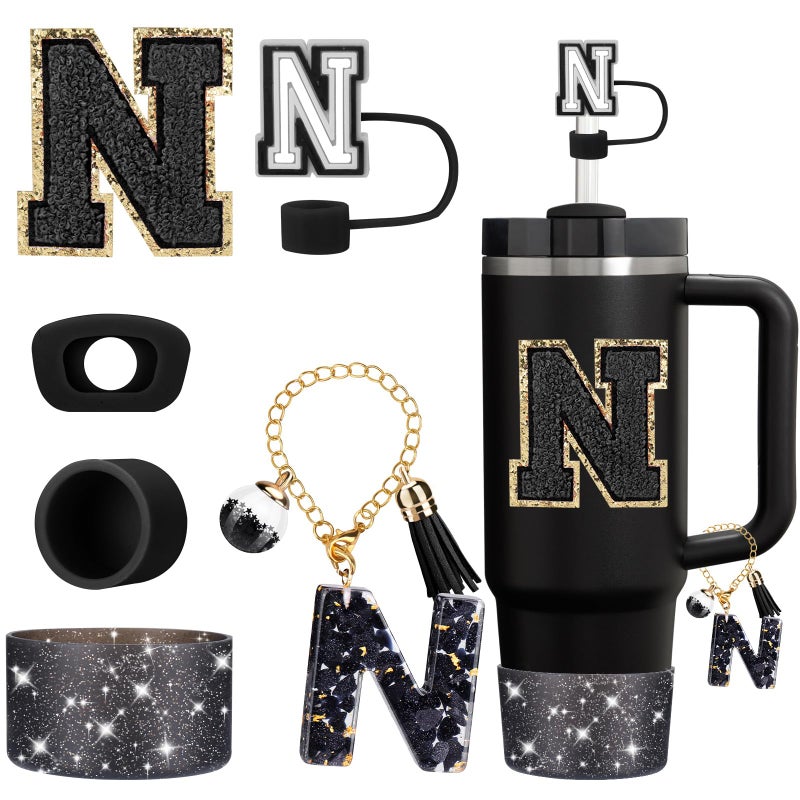 مجموعة ملحقات أكواب ميتى 6 قطع لكوب ستانلي 30 أونصة 40 أونصة مع مقبض باللون الأسود تشمل غطاء شفاطة وحذاء وسدادة مانعة للتسرب وسحر حرف أولى ملصق حرف N