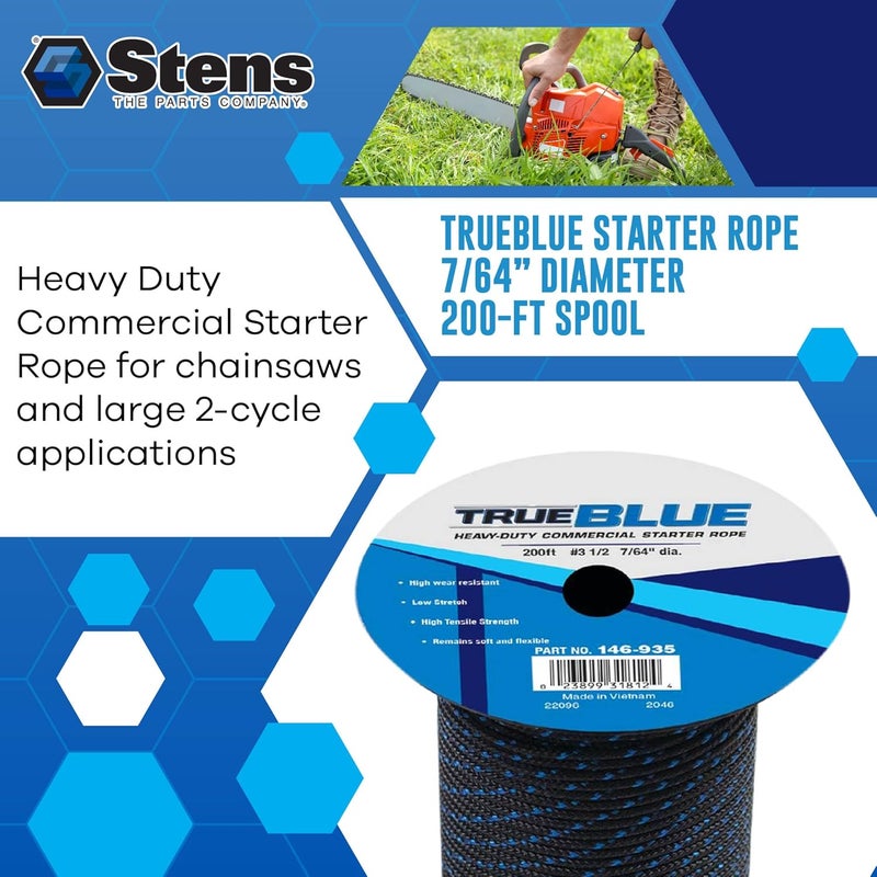 Stens 146-935 Starter Rope 7/64" Diameter, 200' Length, 3 1/2 Size - Stretch Rope for Leaf Engine and Weed Wacker, Pull Behind Tiller, Weed Cutter, Drag Harrow, and Pull Cord Rope - Black Rope - Image 2