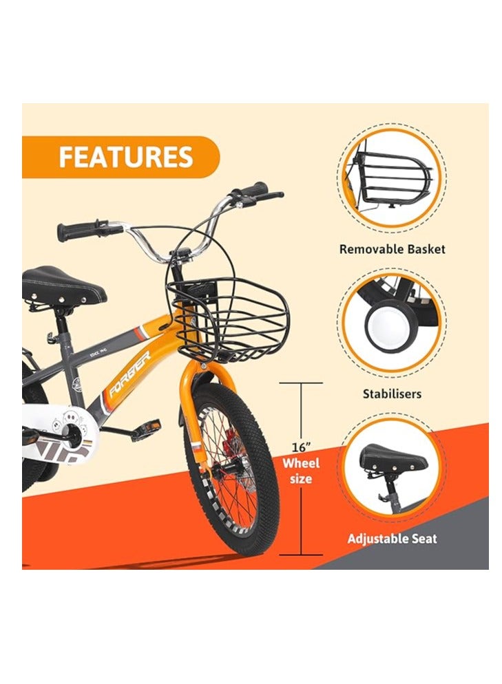 ENDLESS  Orange Carbon Steel Kids Bike with Front and Back Disc Breaks and Basket | Age 4 - 7 Years | 16 Inch Bike with High Quality Training Wheels and Fender | Children Bicycle with 2.125" Wide Tyres  - Image 2