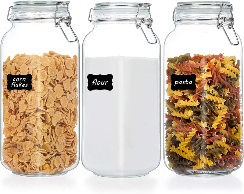 Quesera  78oz Glass Food Storage Jars with Airtight Clamp Lids, 3 Pack Large Kitchen Canisters for Flour, Cereal, Coffee, Pasta and Canning, Square Jars with Chalkboard Labels  | Best Price UAE