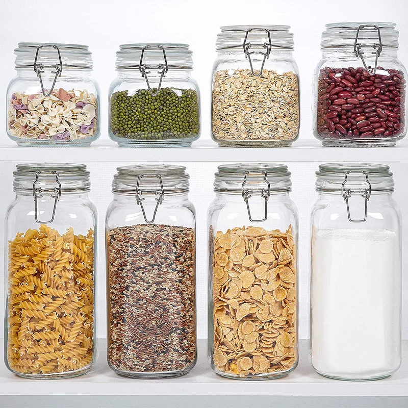 QUESERA 78oz Glass Food Storage Jars with Airtight Clamp Lids, 3 Pack Large Kitchen Canisters for Flour, Cereal, Coffee, Pasta and Canning, Square Jars with Chalkboard Labels