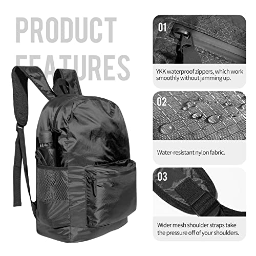pack all 20L Lightweight Packable Backpack, Water Resistant Foldable Backpack, Travel Hiking Daypack with Waterproof Zippers (Black) - Image 3
