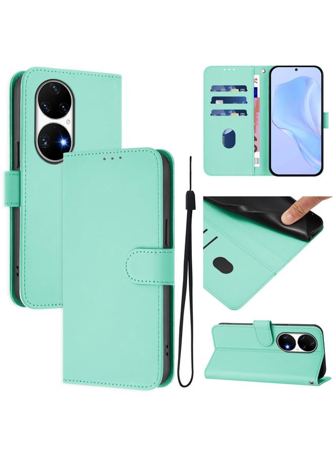 Zaboon Case For Huawei P50 Pro Skin Feel Solid Color Leather Phone Case with Lanyard - Image 1
