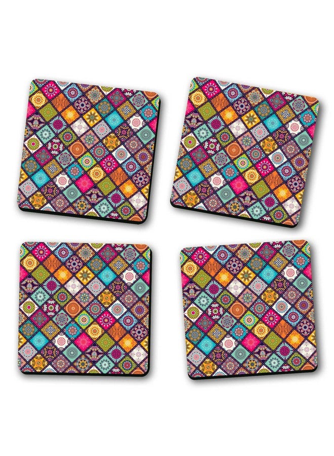 ASHVAH Abstract Pattern Print/Typography Tea/Coffee Mug/Designer Handmade Wooden Coaster Set for Home Kitchen, Office Desk - Set of 4 - Square: 10cm Dno. 33 - Image 2